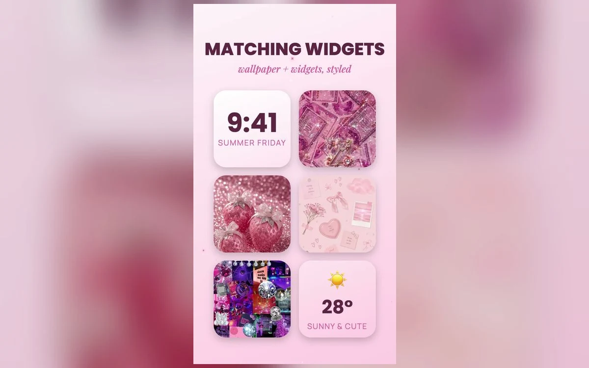 iPhone home screen with a weather widget and a calendar widget over a soft pastel wallpaper