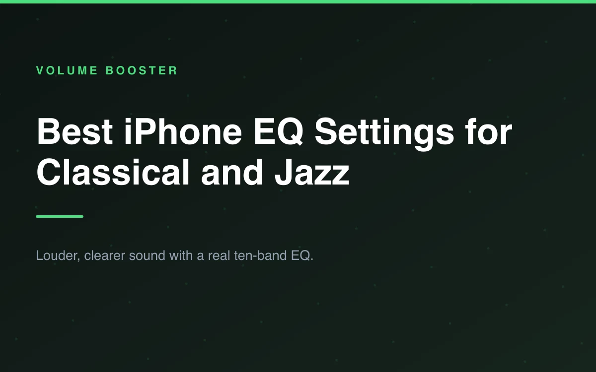 An iPhone showing a ten band equalizer set to a near flat curve while an orchestral track plays