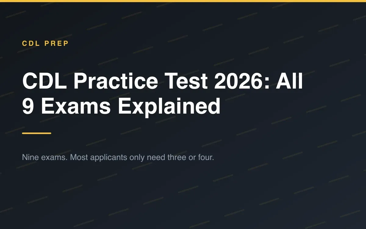 Cover graphic for a guide to the nine CDL knowledge exams, showing a tractor-trailer beside a list of the exam names.