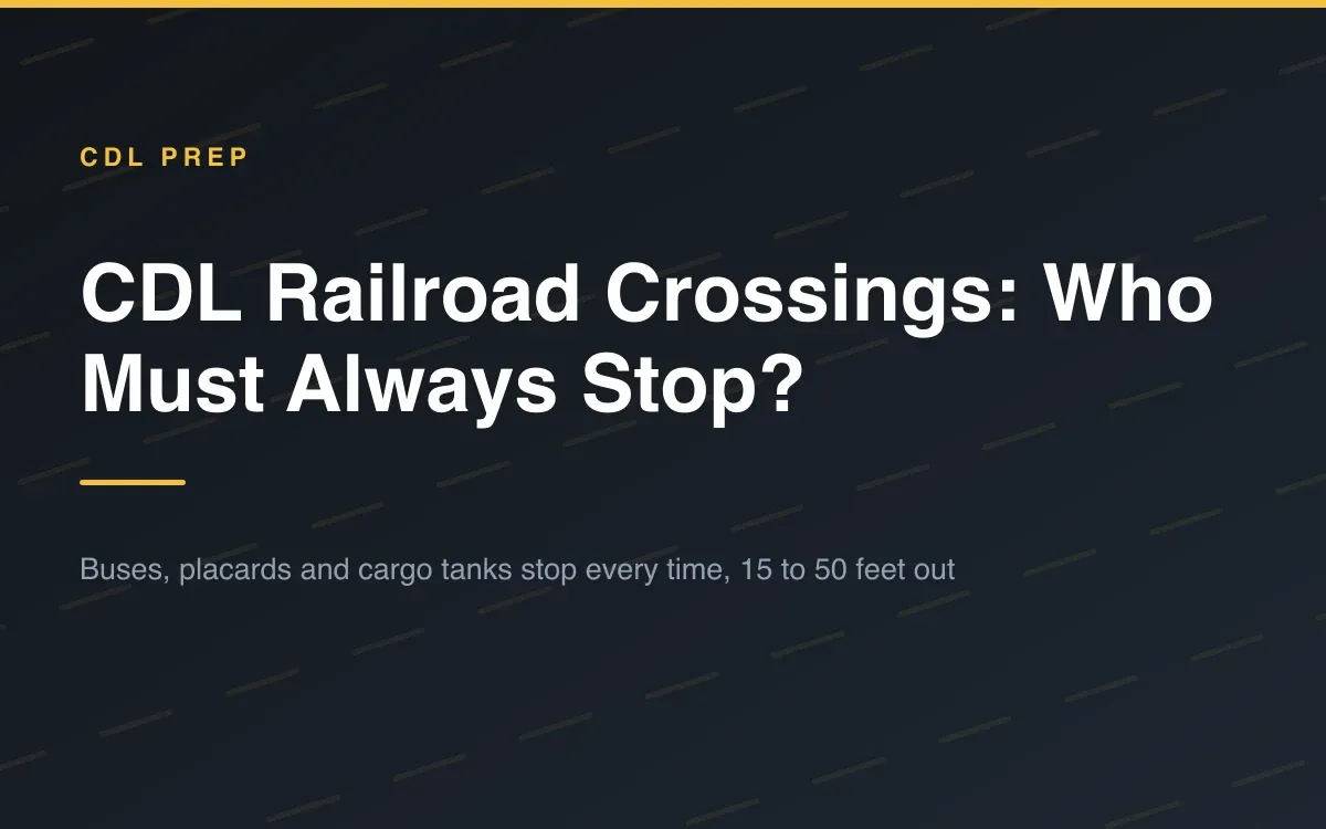 A tractor-trailer stopped short of a railroad grade crossing, with the crossbuck sign and rails ahead of it.