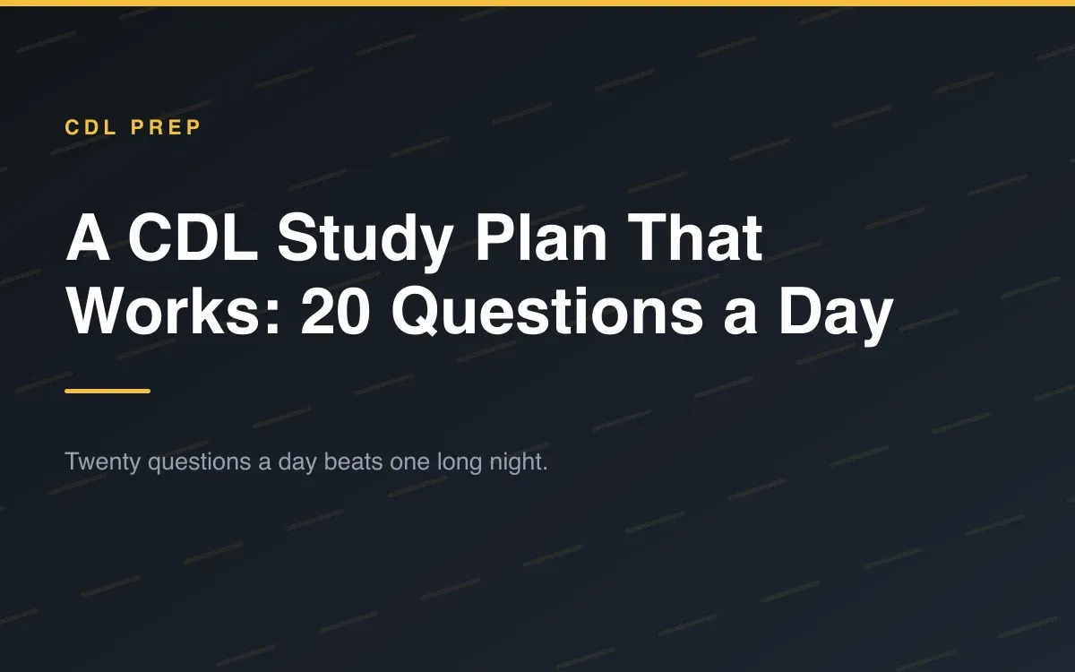 Cover graphic for a CDL study plan guide, showing a two-week calendar beside a phone displaying a practice question.