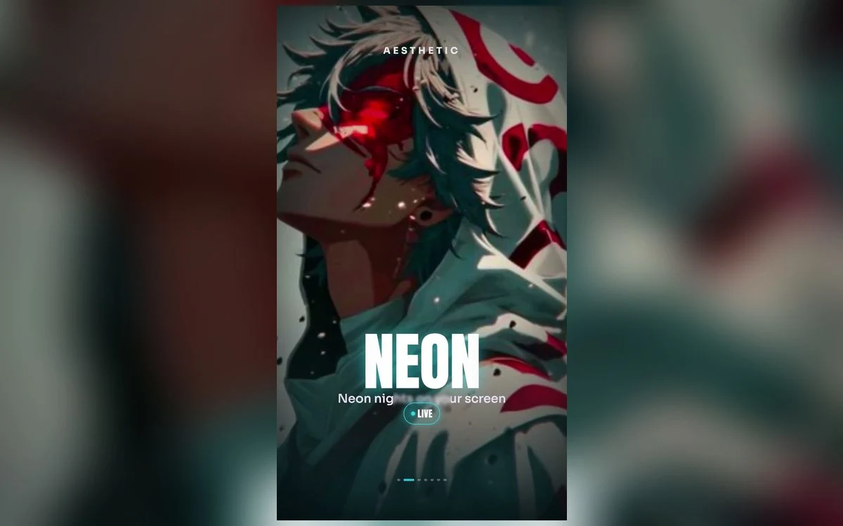 A neon-lit anime wallpaper shown on an iPhone lock screen