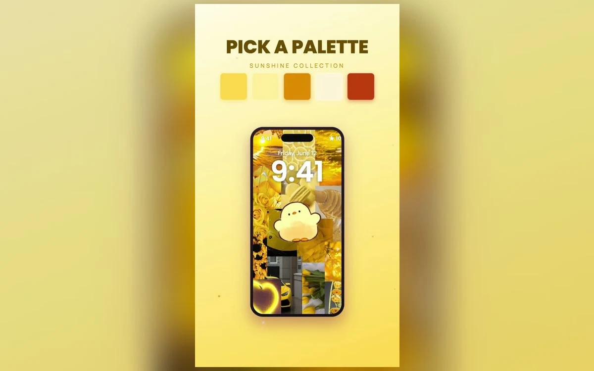 iPhone lock screen showing a soft butter yellow wallpaper with a dark clock above cream app icons