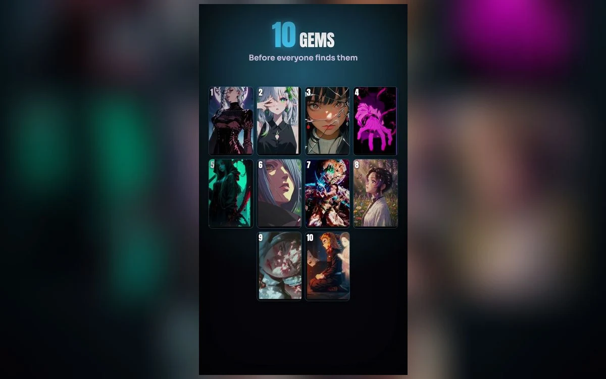 A grid of less common anime wallpapers shown as phone-shaped cards